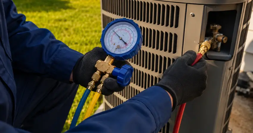 Ontario Gas Services technician measuring refrigerant pressure during air conditioner service