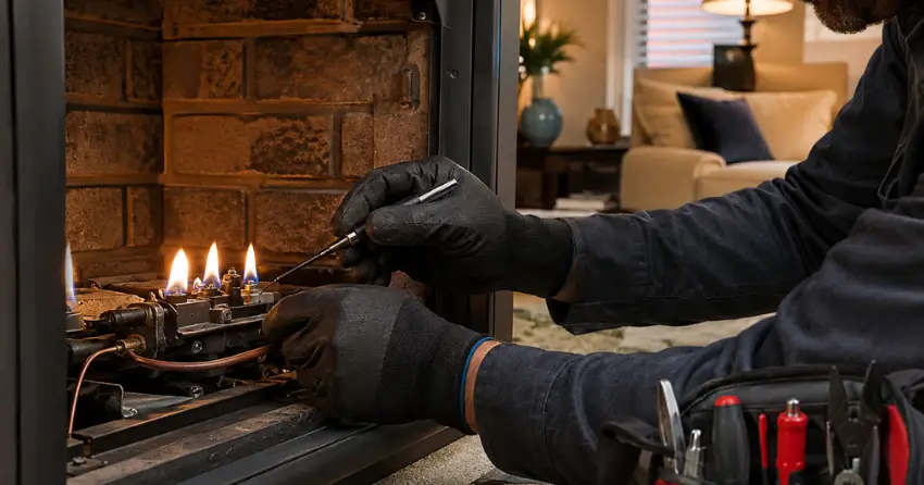 gas fireplace safety inspection and pilot light diagnostic during Best Fireplace Repair service