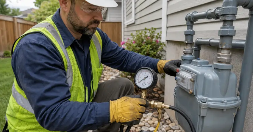 gas line installer performing pressure test on new residential line in Edmonton