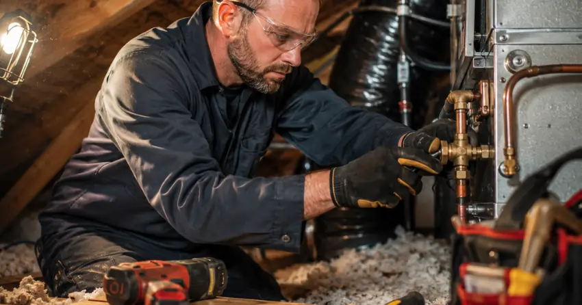 heating and cooling repair technician at work in Edmonton