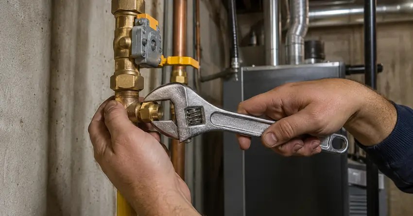 gas line connection during heating system installation in Edmonton