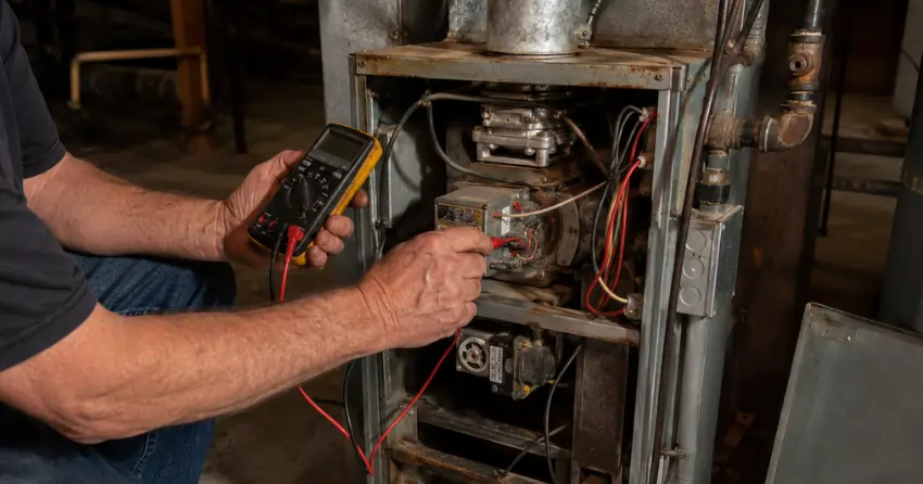 older HVAC system receiving professional service and inspection