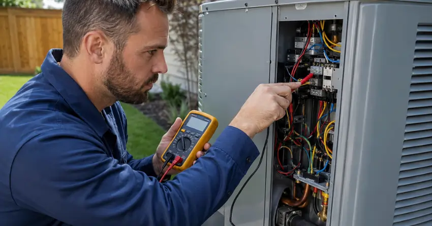 HVAC services technician testing electrical connections on heat pump