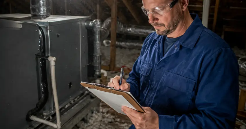 HVAC system inspections technician documenting findings on clipboard