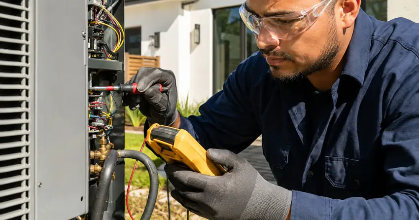 HVAC system inspections technician documenting findings on clipboard