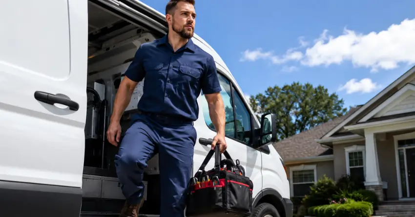 HVAC technician near me service van arriving at residential property