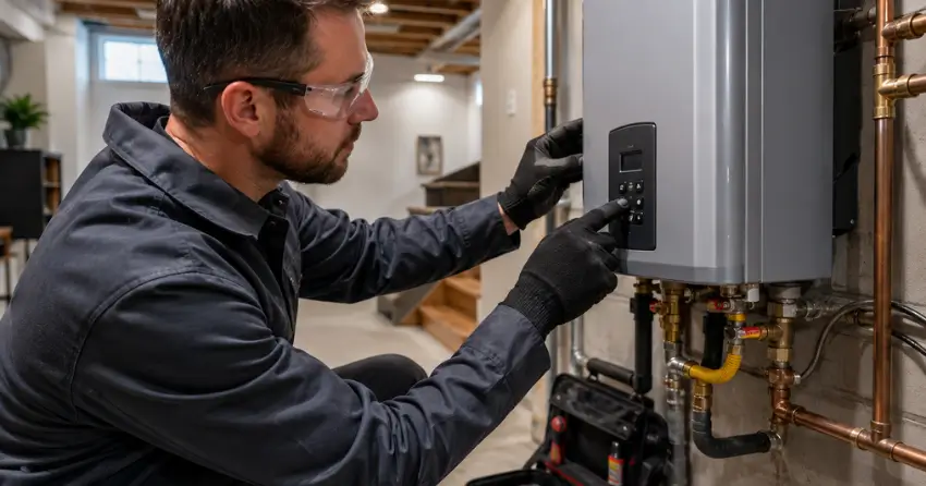 Ontario Gas Services technician completing tankless water heater service in Edmonton