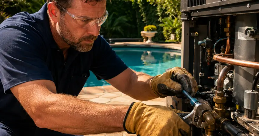 licensed gas technician completing pool heater repair service