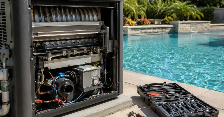 gas pool heater service near me pool heater unit beside pool in Edmonton