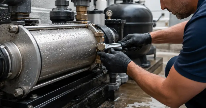 licensed technician completing pool heat exchanger repair Edmonton