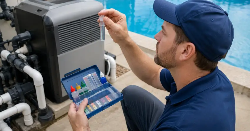 water chemistry testing during pool heater maintenance