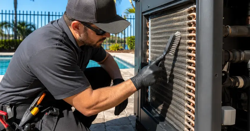 pool heater repair service heat pump unit coil cleaning inspection
