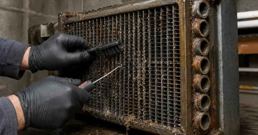 pool heater heat exchanger cleaning and repair close-up