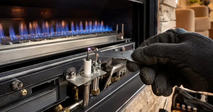 igniter electrode spark gap check during gas fireplace repair service