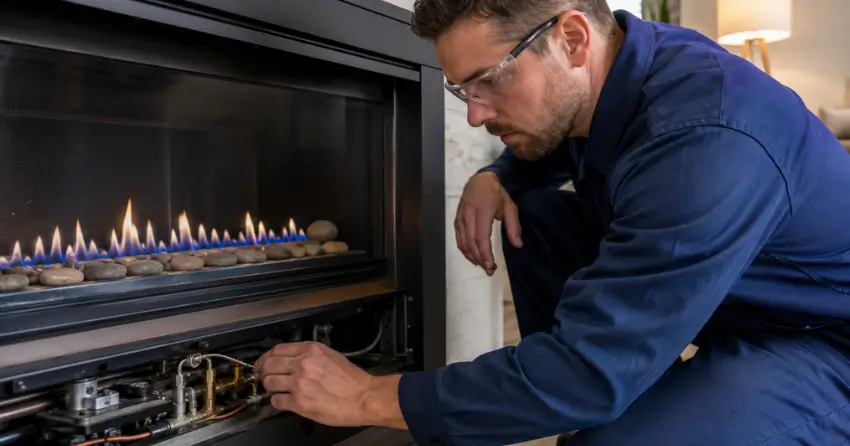 repairman Edmonton checking fireplace burner and pilot assembly