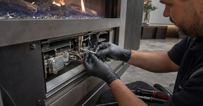 fireplace technician replacing thermocouple in gas fireplace