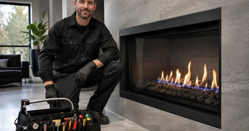 fireplace technician Edmonton service call completed gas fireplace running