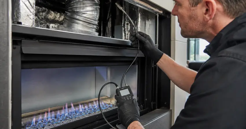 Technician inspecting venting and draft during natural gas fireplace repairs in Edmonton property
